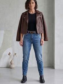 Women's Faux Leather Biker Jacket With Zipper - 鏽棕色 - 查看 2