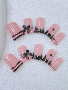 Bộ 10 móng giả Y2K Nails Chic Duckbill - Làm thủ công, móng màu hồng, móng màu đen, móng kiểu Pháp màu hồng và đen, thiết kế nơ 3D thủ công, nghệ thuật vẽ móng nơ hồng 3D, thiết kế chấm bi, sọc và ren đen vẽ tay. - Nhiều màu - Xem 13