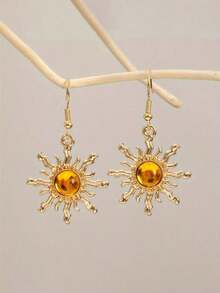 1 Pair Bohemian Style Baroque Sunflower Faux Jade Plated Dangle Earrings, Elegant & Fashionable Earring Hooks - 太陽 - 查看 5