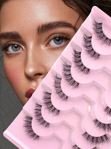 ENCHUW 8对半假睫毛 透明带 柔软自然猫眼假睫毛 化妆工具 延长 蓬松仿貂毛假睫毛 - 黑色 - 查看 1