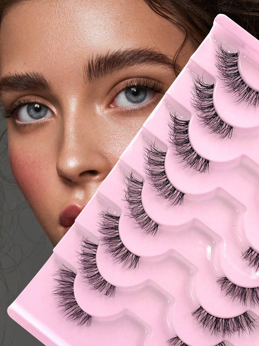 ENCHUW 8对半假睫毛 透明带 柔软自然猫眼假睫毛 化妆工具 延长 蓬松仿貂毛假睫毛 - 黑色 - 查看 1