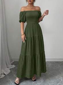 Women's Summer Puffed Sleeve Long Skirt Square Collar Pleats Layered Ruffles A-Shaped Long Casual Elegant Elegant Vacation Beach Sundress - xanh quân đội - Xem 4