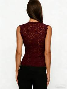 Women Long Sleeve Mandarin Collar Guipure Split Blouse Top Lace Floral Puff Sleeve Button-Down Shirt Slim Fit Elegant Sheer Tops Party Clubwear - 無袖酒紅色 - 查看 5