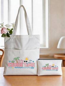Pocket Vacation Tote Bag - Lightweight Large Capacity With Multiple Pockets For Convenient Access, Printed With "Time To Set Sail" Text, Summer Style Tote Bag, Travel Tote Bag, Washable And Reusable, Essential Travel Accessory - Multicolor - View 13