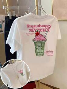 Front And Back Printed Short-Sleeved T-Shirt - Strawberry Matcha, Summer Drinks Print - Women's Spring And Summer Fashion T-Shirt, Stylish Women's Short-Sleeved T-Shirt Made Of Printed Cotton - White - View 8