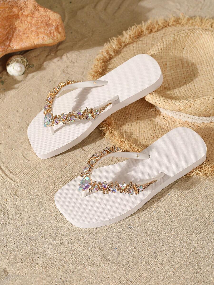 Evertop Surf New Arrival Sparkling Rhinestone Sandals, Flat Flip Flops For Women, Fashion Rhinestone Outdoor Slip-Resistant Beach Vacation Casual Thong Sandals