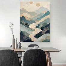 Póster de arte de pared asiático minimalista 2D plano, 1 pieza - Pintura abstracta en lienzo de montaña, río y pagoda, paisaje zen sin marco adecuado para decoración del hogar, oficina, baño, decoración moderna para habitaciones con temática de naturaleza, 2D plano - Enmarcado - Ver 3