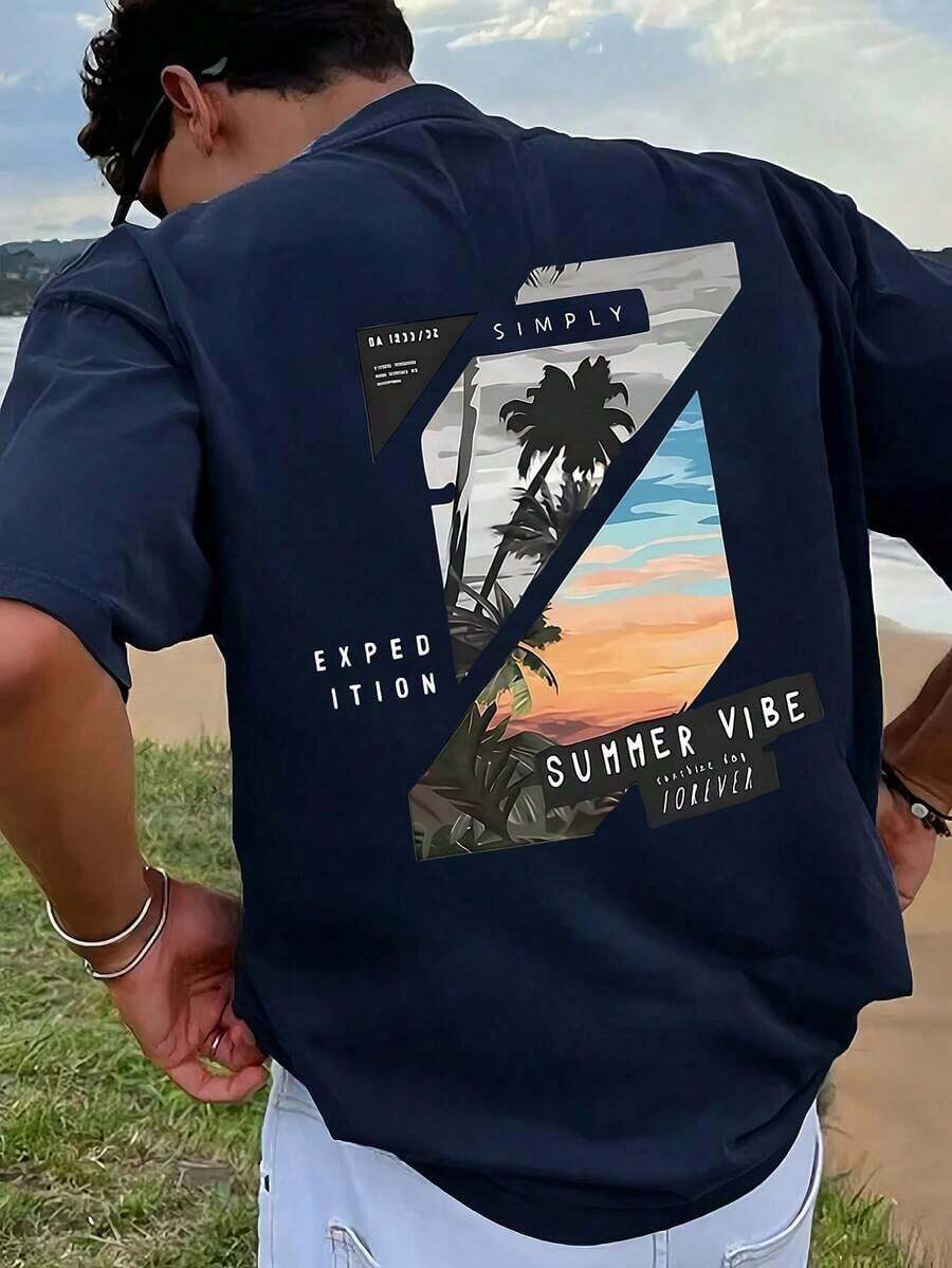 1 camiseta de hombre con estampado gráfico, ropa de playa para verano, camiseta de manga corta de corte holgado.Esta camiseta para hombre tiene un diseño informal, de estilo vacacional, muy adecuada para escapadas a la playa, así como para el uso diario. - Azul oscuro - Ver 1