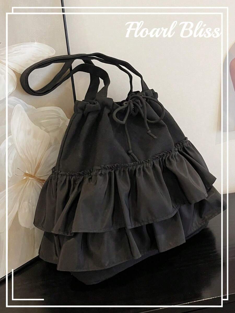 High-Capacity Canvas Tote Shoulder Bag, Fashionable Casual Lace Accent - Black - View 1