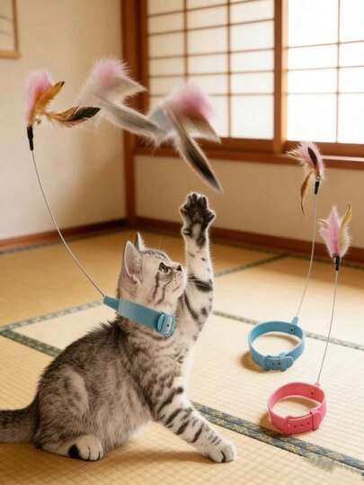Vara de juego para gatos con diseño de collar, juguete de entretenimiento para aliviar el aburrimiento, suministros para mascotas con plumas a prueba de mordeduras - Vara de juego para gatos con collar, juguete de entretenimiento para aliviar el aburrimiento, juguete de plumas para gatos, juguete interactivo a prueba de mordeduras - Vara de juego para gatos con diseño de collar, entretenimiento para gatos, collar ajustable, juguete interactivo a prueba de mordeduras - Vara de juego para gatos de entretenimiento, con diseño de collar, gatos persiguen y juegan, combinando belleza y diversión - Vara de juego para mascotas sin usar las manos