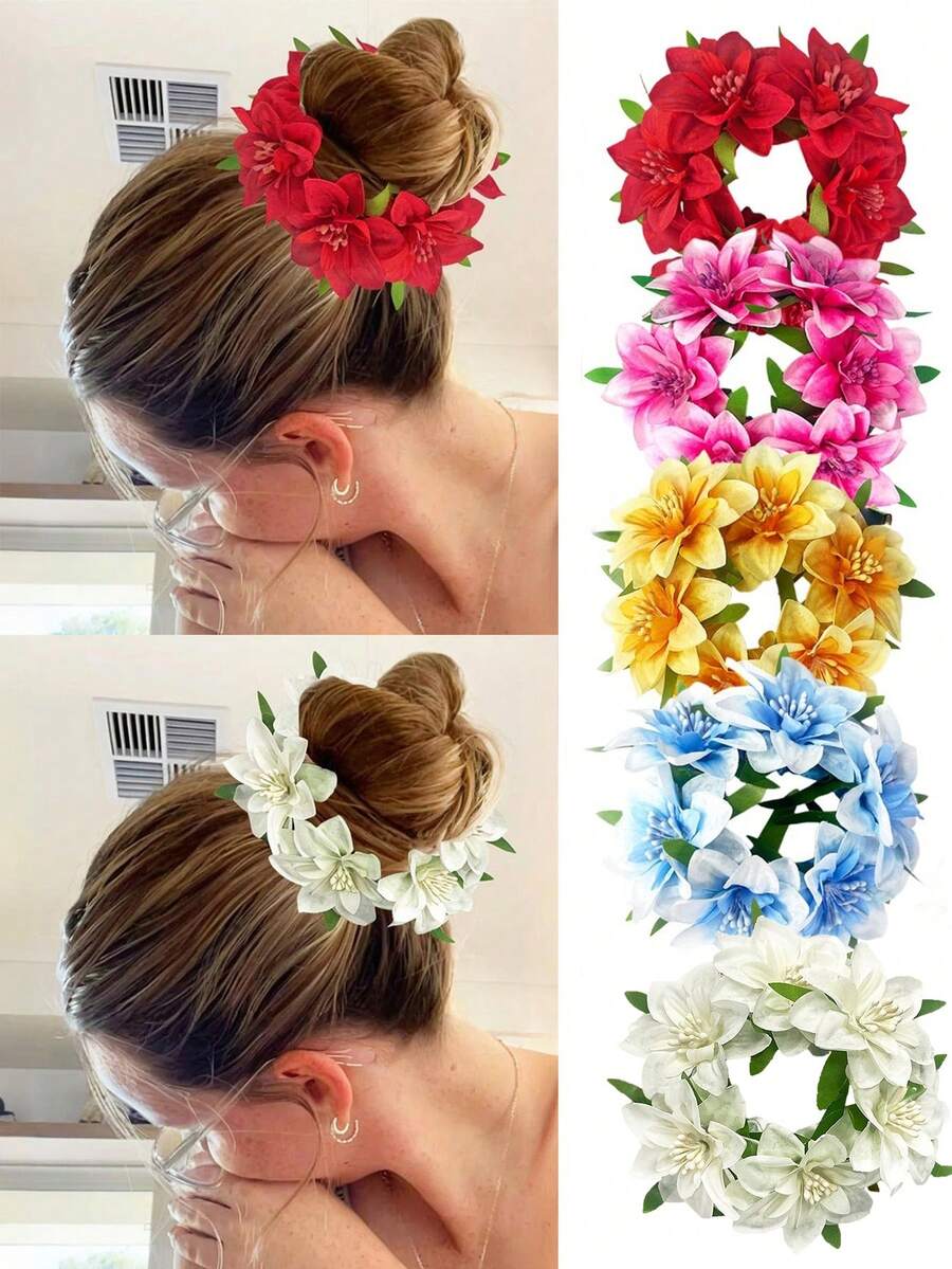 1 pièce Chouchou fleur de Hawaï simulée, élastique à cheveux, support de chignon/queue de cheval, accessoire capillaire pour plage et vacances d'été, décoration capillaire pour usage quotidien, cadeau de fête des mères pour femmes