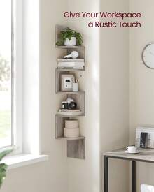 VASAGLE Corner Shelf Wall Mount, 5-Tier Floating Wall Shelf, Corner Bookshelf, Plant Wall Shelf For Bedroom, Living Room, Bathroom, Home Office, 7.9"D X 7.9"W X 49.6"H, Black, White, Brown, Light Grey - 淺灰色 - 查看 8