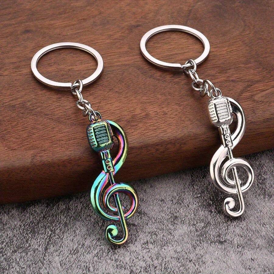 2pcs Creative Music Note Microphone Keychain, Fashionable Music Symbol Metal Pendant Keyring, Funny Gift For Friends - Multicolor - View 1