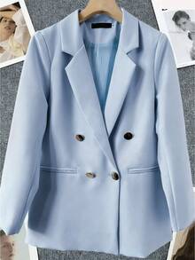Spring & Summer Women's Solid Long Sleeve Double-Breasted Blazer, Notched Lapels | Ideal For Dates, Parties, Outings & Festive Celebrations - Baby Blue - View 3