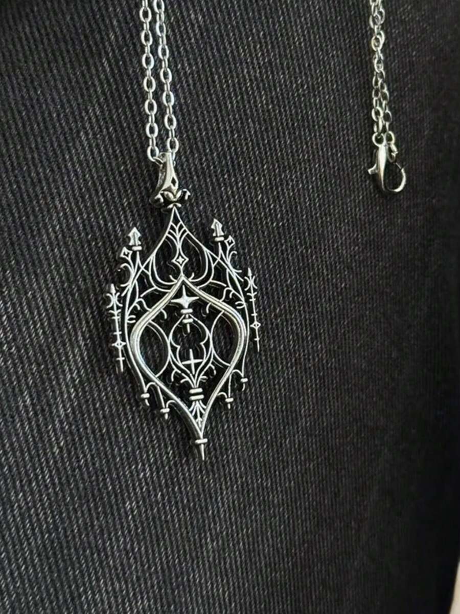 1 chiếc dây chuyền mặt dây chuyền hình lâu đài chạm khắc hình trái tim rỗng kiểu Gothic cổ điển, dây chuyền thời trang tối giản, quà tặng cá nhân hóa cho phụ nữ, phụ kiện phong cách đường phố. - Bạc - Xem 1