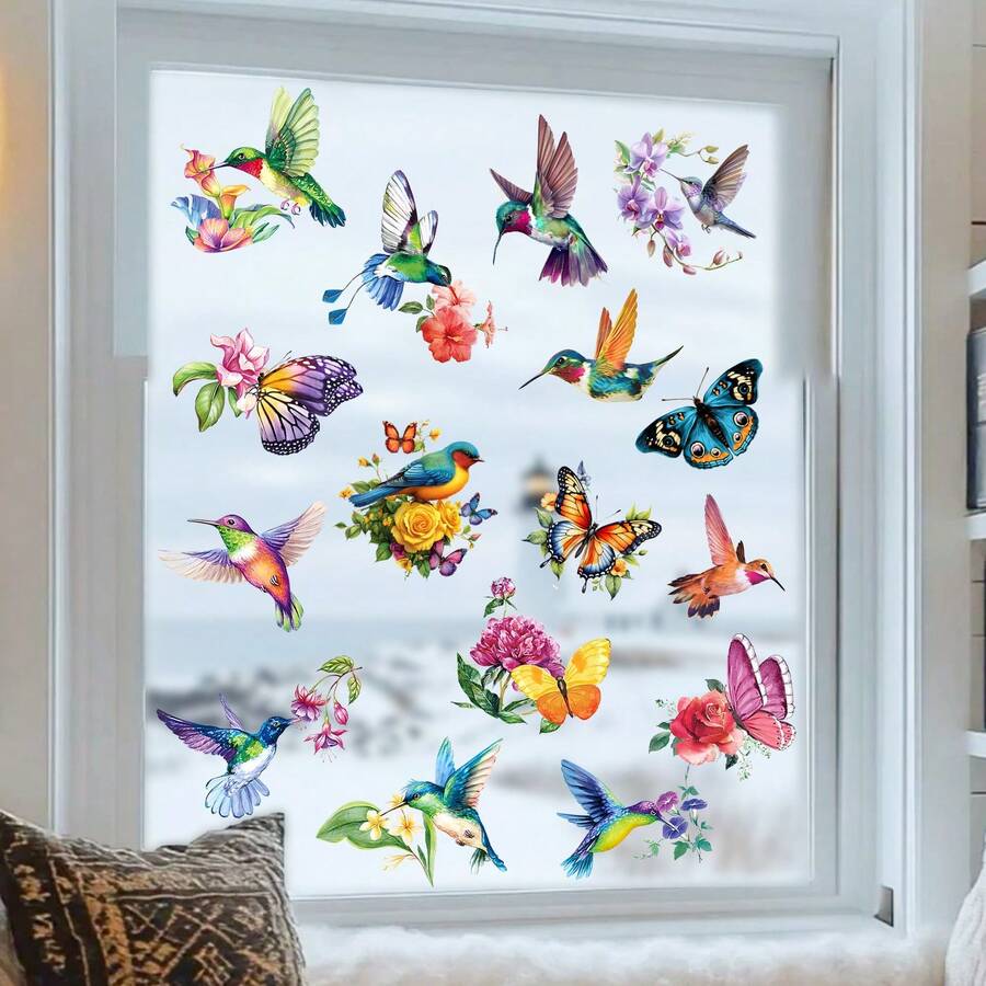 Watercolor Hummingbird & Butterfly Window Stickers, Colorful Flower Peel And Stick Decals For Glass Door & Home Decor - Wall Stickers - View 1