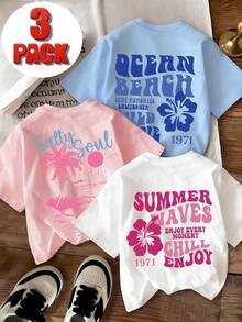 3pcs-Tween Girl-Vacation Style Printed T-Shirt, Suitable For Travel And Vacation Wear, Fashionable Spring/Summer Casual Versatile Top - White - View 3
