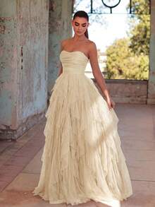 Faeriesty Váy cưới cúp ngực lãng mạn với chân váy xếp tầng bằng vải voan bồng bềnh và dáng chữ A - Hoàn hảo cho những đám cưới cổ điển, lễ tốt nghiệp, tiệc chiêu đãi buổi tối, trang phục sinh nhật cho phái nữ. - Màu be - Xem 4