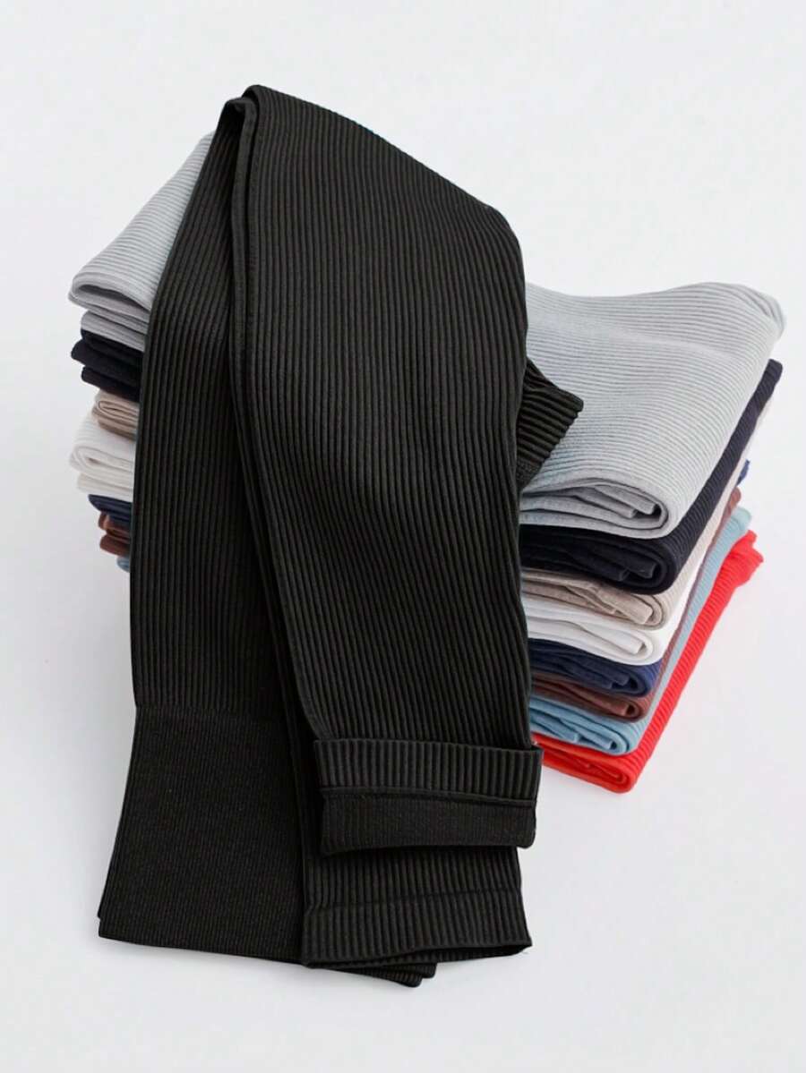 1-PC Comfortable Ribbed Knit Women's Seamless Leggings For Activewear And Everyday Wear Spring Black - Black - View 1