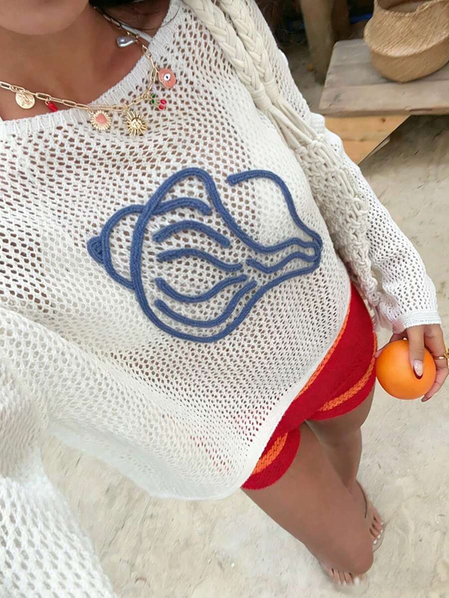 2026 Sunny 时尚女士休闲不对称肩部毛衣，可爱 3D 贝壳绳绣设计，轻松度假风，波西米亚风，适合春夏、海滩和日常穿着 白色 - 白色 - 查看 1