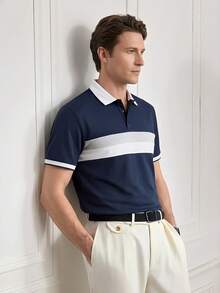Officeau Herren Einfarbiges Patchwork Poloshirt mit Knopfleiste vorne, einfach und lässig - Blau - Übersicht 6