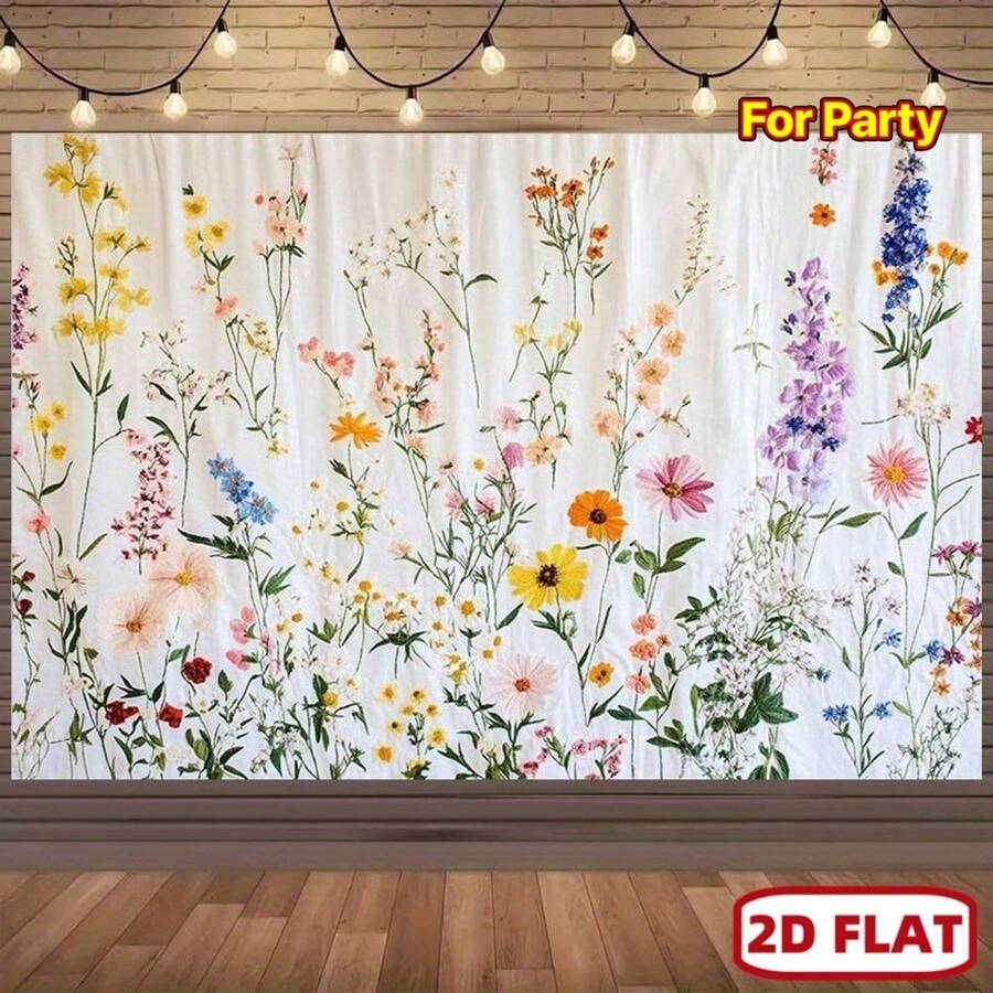 A Single Vibrant Wildflower Backdrop Featuring Daisies, Cosmos, Lavender, And Poppies, Measuring 130 Inches By 100 Inches, Made Of Polyester Fabric. Ideal For Photography, Home Decoration, And Party Setups, Especially For Birthdays Garden Wedding Easter Wall Decor Garden Ornaments Outdoor - 1PC - 查看 1