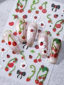 2 miếng dán móng tay 5D nổi bật hình bọ rùa, quả anh đào, dâu tây dễ thương mùa hè, phụ kiện trang trí móng tay tự dính chủ đề côn trùng, đồ dùng làm móng DIY cho nữ - Nhiều màu - Xem 6