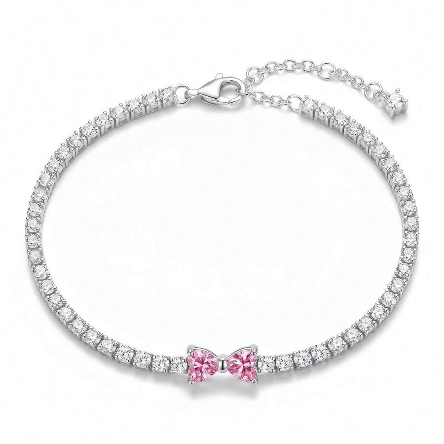 Vòng tay nơ đính đá Zirconia màu hồng lấp lánh, dài 16-20cm, thích hợp cho nữ đeo hàng ngày, trang sức cao cấp, quà tặng Ngày Valentine, quà tặng Ngày của Mẹ, quà sinh nhật.