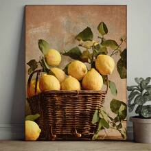 1 pieza Pintura Vintage de Limón - Decoración Rústica para Cocina con Naturaleza Muerta en Canasta, Ramas y Frutos Amarillos del Árbol de Lima - Fondo Marrón Antiguo - Impresión sobre Lienzo Enmarcado en Marco Natural de Madera - Lista Para Colgar: Comedor, - Sin marco - Ver 2