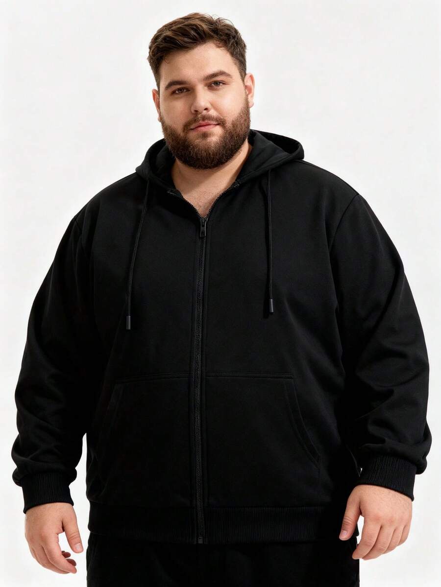 Plus Size Black Hooded Casual Sweatshirt, Suitable For Autumn/Winter, Long Sleeve Top - Black - View 1