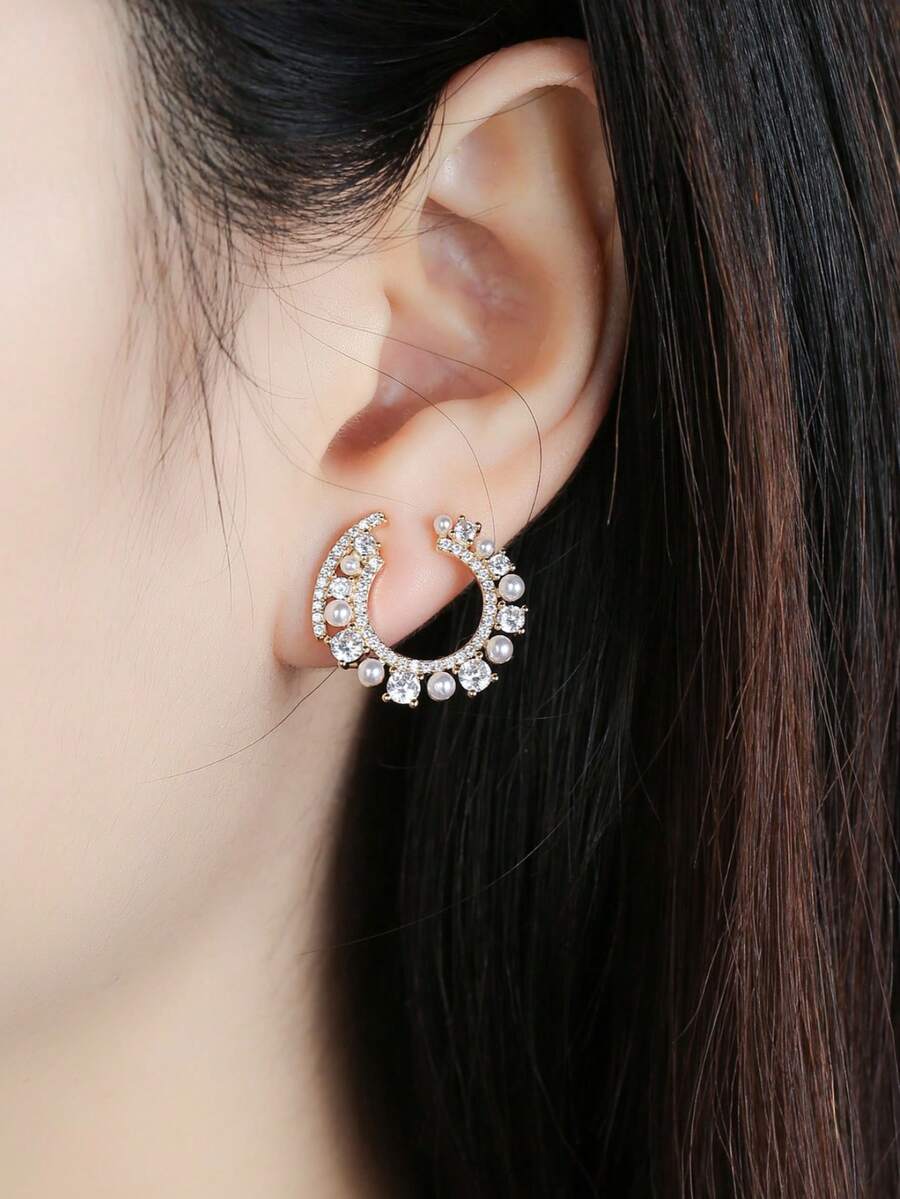 1pc Fashionable Elegant High-End Zirconia & Pearl Clip-On Earrings, Exquisite Elegant, Suitable For Women's Daily, Holiday, Party Matching - Elegant Ear Clips - View 1