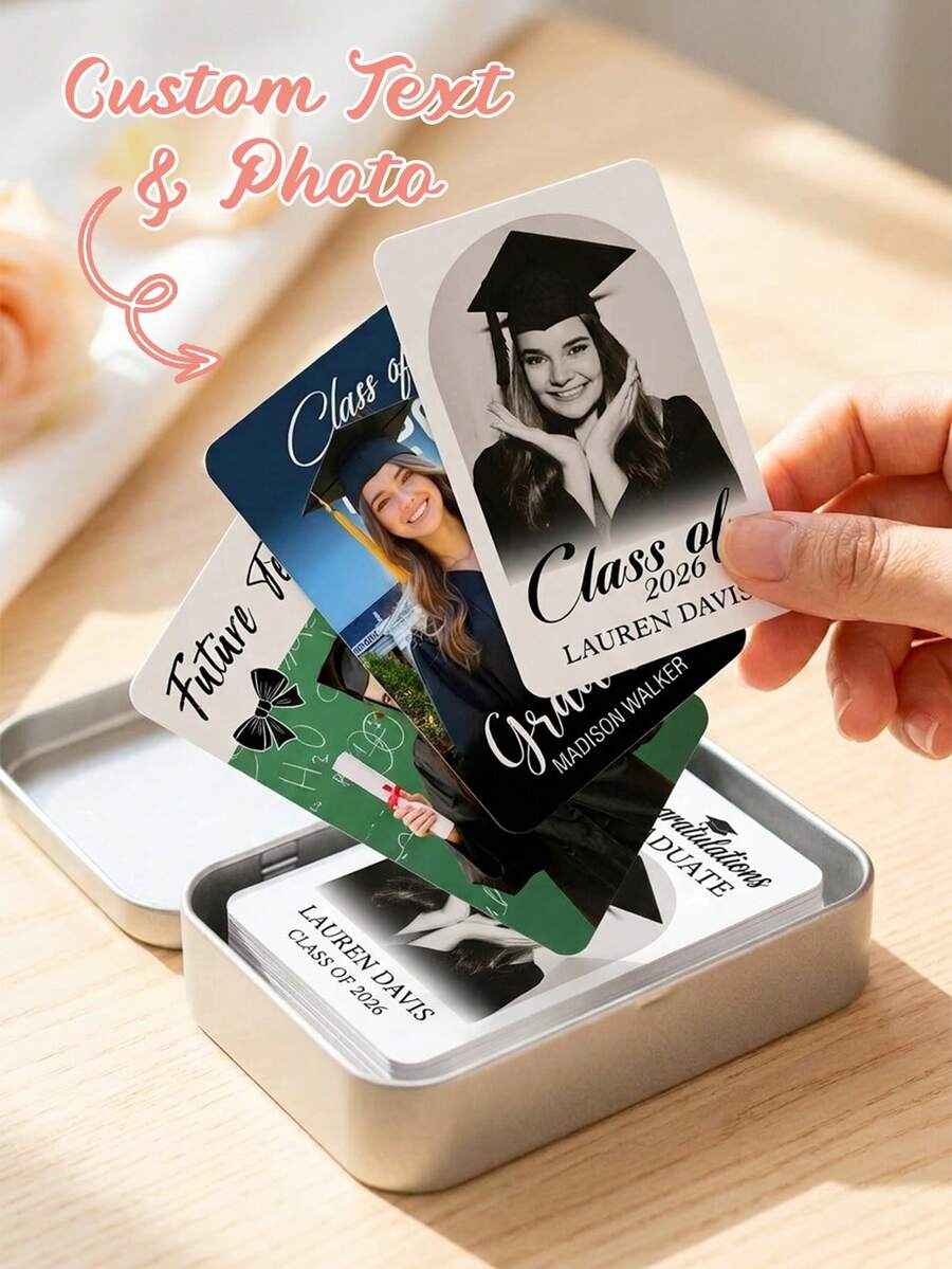 Cartas de juego personalizadas con foto para graduación, colección conmemorativa de graduación 2026, cartas de juego personalizables con nombre y escuela, juegos de mesa creativos DIY de varios estilos, material de impresión en papel, impresión de fotos, diseño con tema de graduación, personalización de nombre y escuela - Multicolor - Ver 1