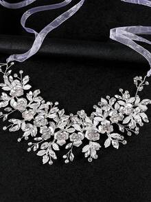 奢华时尚合金花朵腰带，简约欧美风新娘婚纱腰链，优雅女士腰带，夏季沙滩装 - 銀色 - 查看 3
