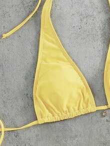 2026 Summer Women 2pcs Bikini Set, Pale Yellow Halter Neck Triangle Swimwear With Chic Mexican Sunflower Metal Pendant, Drawstring Adjustable Beach Vacation Cute Swimwear, Suitable For Beach, Pool, Summer Holiday, Valentine's Day - Yellow - View 7