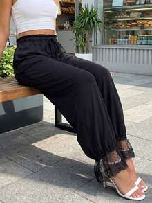 Women Linen Lace Trim Long Bloomers Pants Ruffle Victorian Vintage Pantaloons Summer Beach Travel Vacation Pants - 黑色 - 查看 5