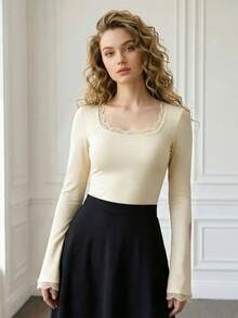 Women's Long Sleeve Slim Fit Crop Top Y2k Sexy Lace Trim Square Neck Ribbed Knit Lace Patchwork T Shirts Casual Slim Fit Bodycon Tee Layering Top - Apricot - View 1