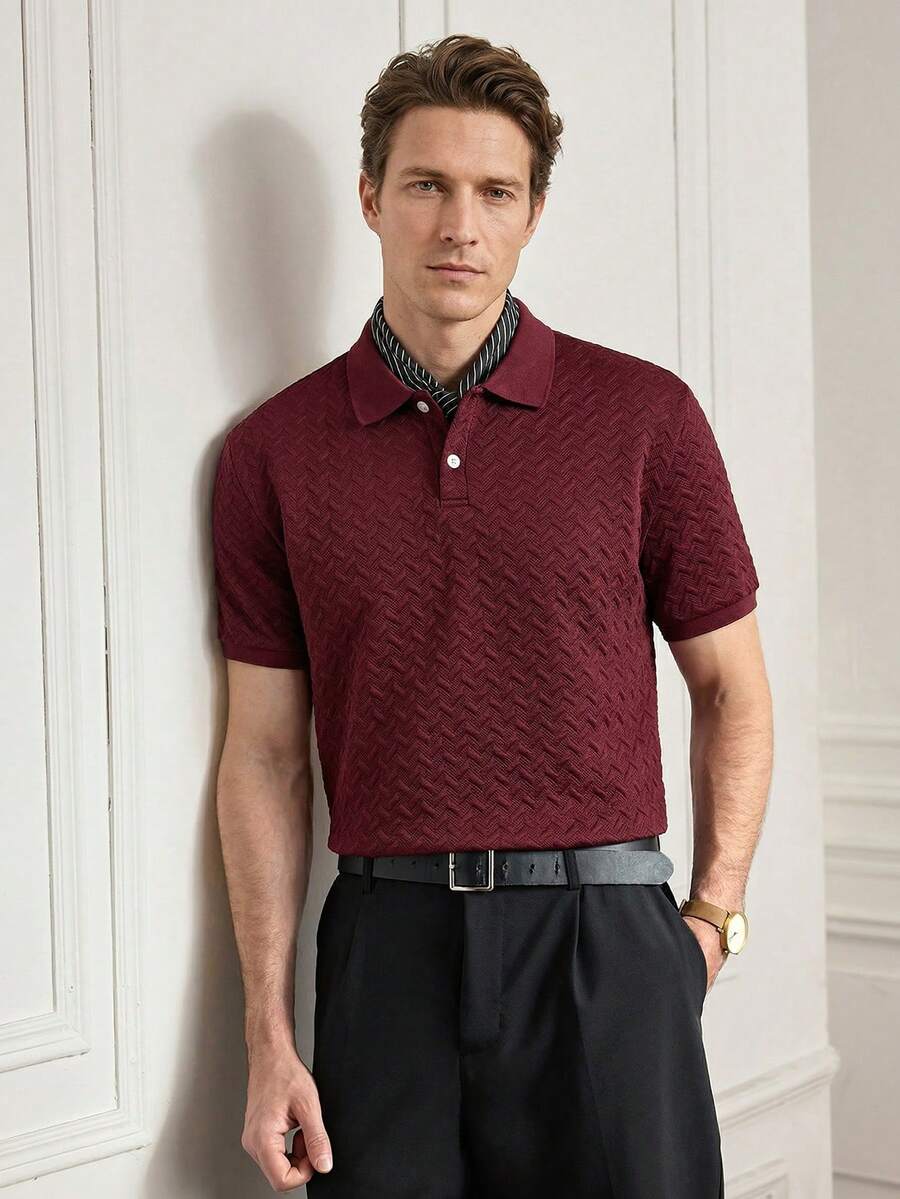Officeau Áo thun polo tay ngắn vải họa tiết trơn màu đơn giản mùa hè cho nam - Màu Đỏ Sâu - Xem 1