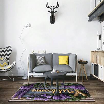 1pc Lavender Welcome Mat - Soft Flannel Material, Non-Slip And Durable, Suitable For Outdoor And Indoor Doormat, With Vibrant Purple Flowers And Green Leaves Design, Great For Entryway, Patio, Garden, Bedroom, Living Room, Bathroom, Study - Machine Washable, Indoor And Outdoor Use | Floral Welcome Mat | Durable Doormat, Outdoor Mat