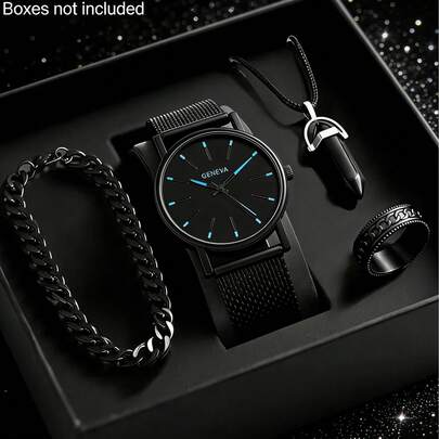 Bộ 4/1 chiếc đồng hồ nam công sở tối giản, máy quartz, có kim chỉ giờ, thích hợp đeo khi đi dự tiệc, du lịch, phối cùng vòng tay, dây chuyền, nhẫn. Cũng là món quà lý tưởng cho bạn bè/gia đình vào các dịp như Ngày của Mẹ, Ngày của Cha, mùa tựu trường, các ngày lễ.