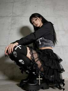 1双女士哥特印花骷髅十字过膝长袜，Y2K甜美性感过膝袜，街头风紧身裤，JK洛丽塔角色扮演长袜，春夏款 - 黑與白 - 查看 4