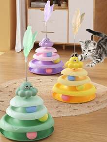 1个带长鼓和3个铃铛球的猫玩具，趣味猫球，磨爪玩具，互动猫玩具，幼猫玩具，适合无聊的室内猫 - 彩色 - 查看 1