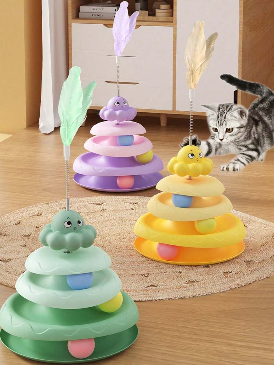 1个带长鼓和3个铃铛球的猫玩具，趣味猫球，磨爪玩具，互动猫玩具，幼猫玩具，适合无聊的室内猫 - 彩色 - 查看 1