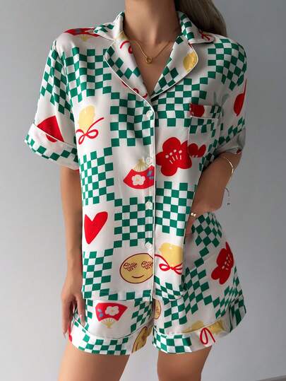 2pcs Green & White Checkered Collar Short Sleeve Top And Shorts Pajama Set, Lounge/Rave Style
