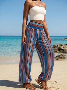 Women's Waist Drawstring Striped Print Pants, Suitable For Vacation And Beach Wear - Blue - View 4