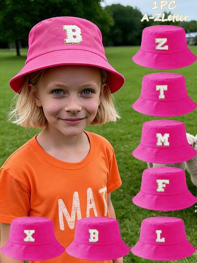 1-Piece Girls' Hot Pink A-Z Letter Sequin Embroidered Bucket Hat Cotton Breathable Sun Protection Comfortable Cute Bucket Hat For Outdoor Play/Campus Styling/All Seasonsr