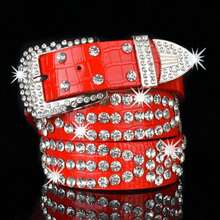 1 Pcs Women'S Rhinestone Belt Fashion Casual Leather Belt With Pin Buckle Decor Jeans Belt - 黃色 - 查看 3