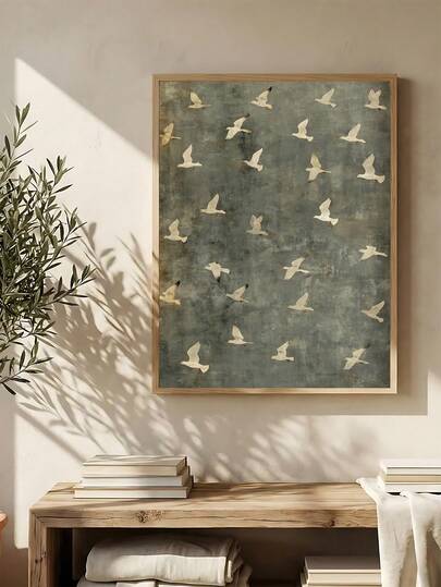 1pc Birds In Flight Wall Art, Vintage Minimalist Wildlife Poster, Neutral Nature Decor, Emerald Green Flock Of Geese Print, Modern House Decor, Festival Gift, The Ideal Gift For Friends, Bedroom Art Print, Living Room Decor, Office Decor, Kitchen Decor, Bathroom Decor, Wall Arts, Wall Decor, Home Decor, Room Decor, Canvas Wall Art, Posters, Wall Art With Frame, Optional Frame