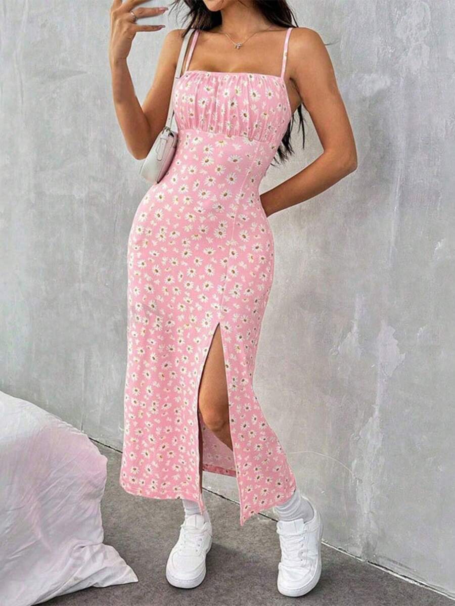Daisy Print Short Strappy Dress With Slit - Sweet And Sexy Style For Spring Summer - Pink - View 1