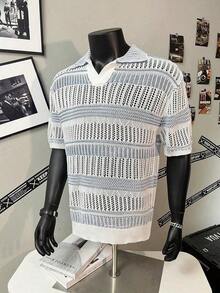 Men's Hollow Out Semi-Sheer Striped Knit Short Sleeve Polo Shirt, Comfortable Breathable Lightweight Knit Top For Casual Wear, Suitable For Vacation And Valentine's Day - Blue and White - View 4