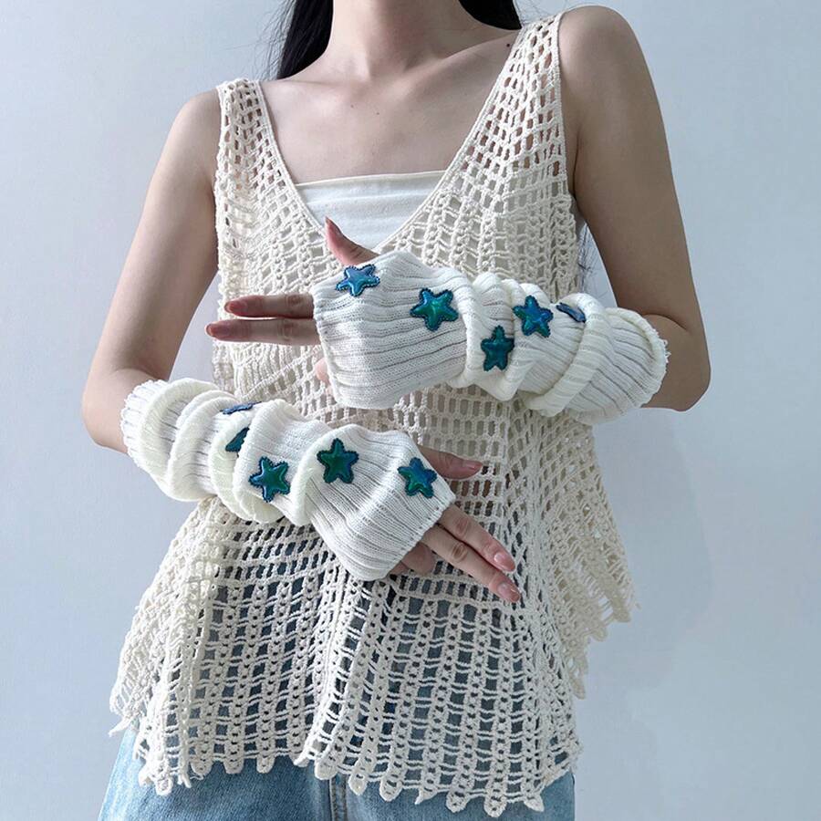 Japanese-Style Girly Y2K Hot Girl Five-Pointed Knitted Fingerless Warm Gloves Autumn And Winter Arm Sleeves - 灰色 - 查看 1